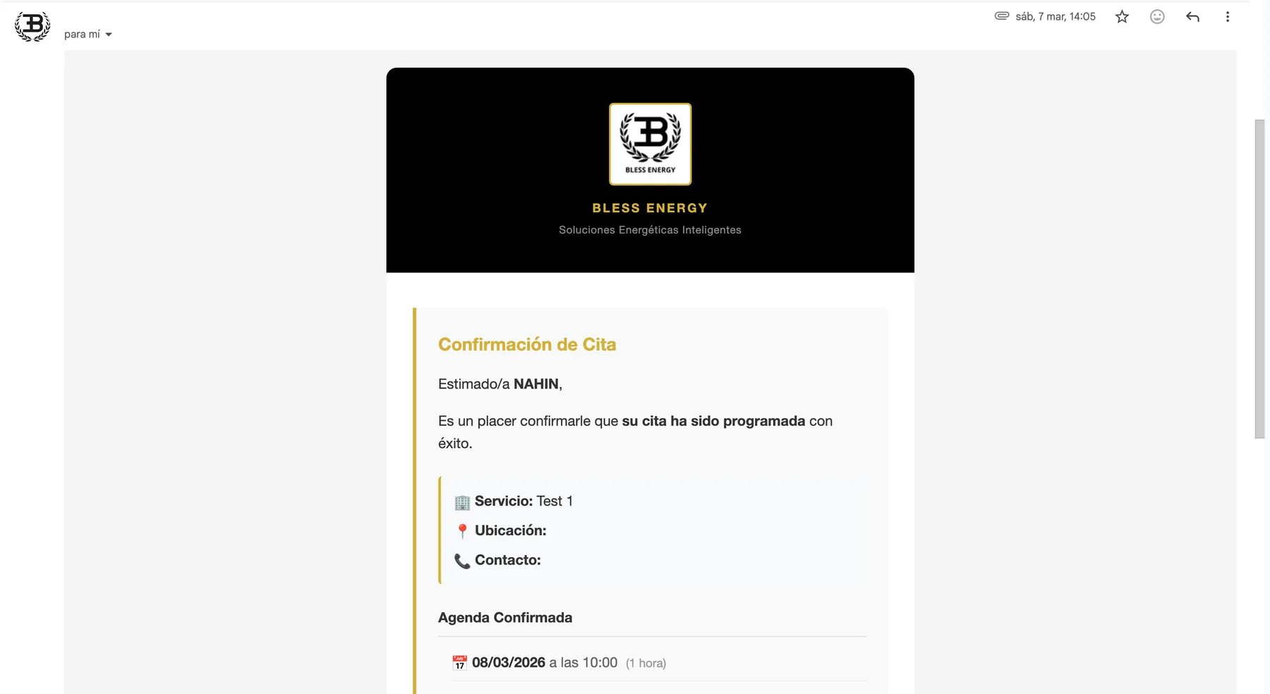Correo de Confirmación de cita de Bless Energy