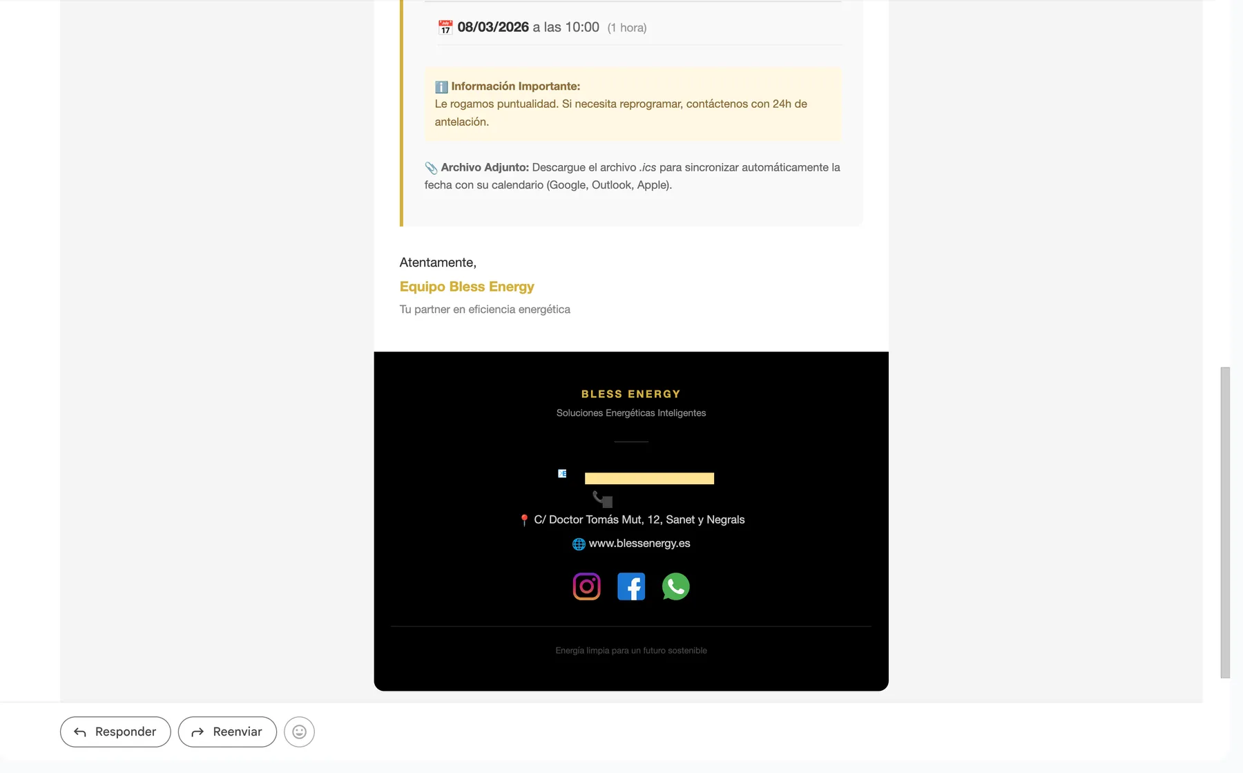 Correo de Recordatorio y firma de cita de Bless Energy