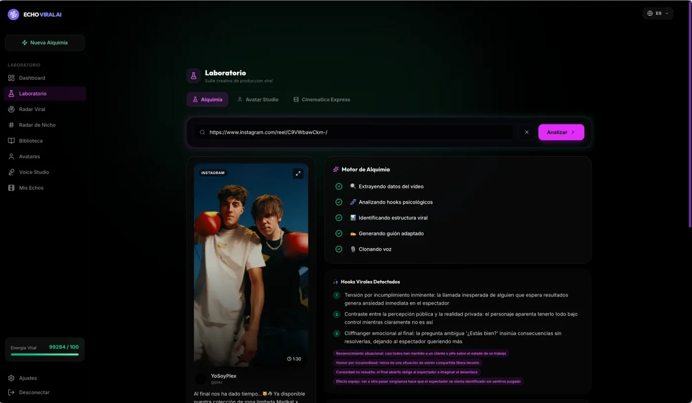 Laboratorio de Echo Viral AI analizando un vídeo