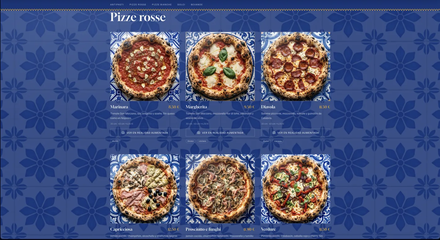 Carta de Forno Vero con el botón de realidad aumentada bajo cada pizza