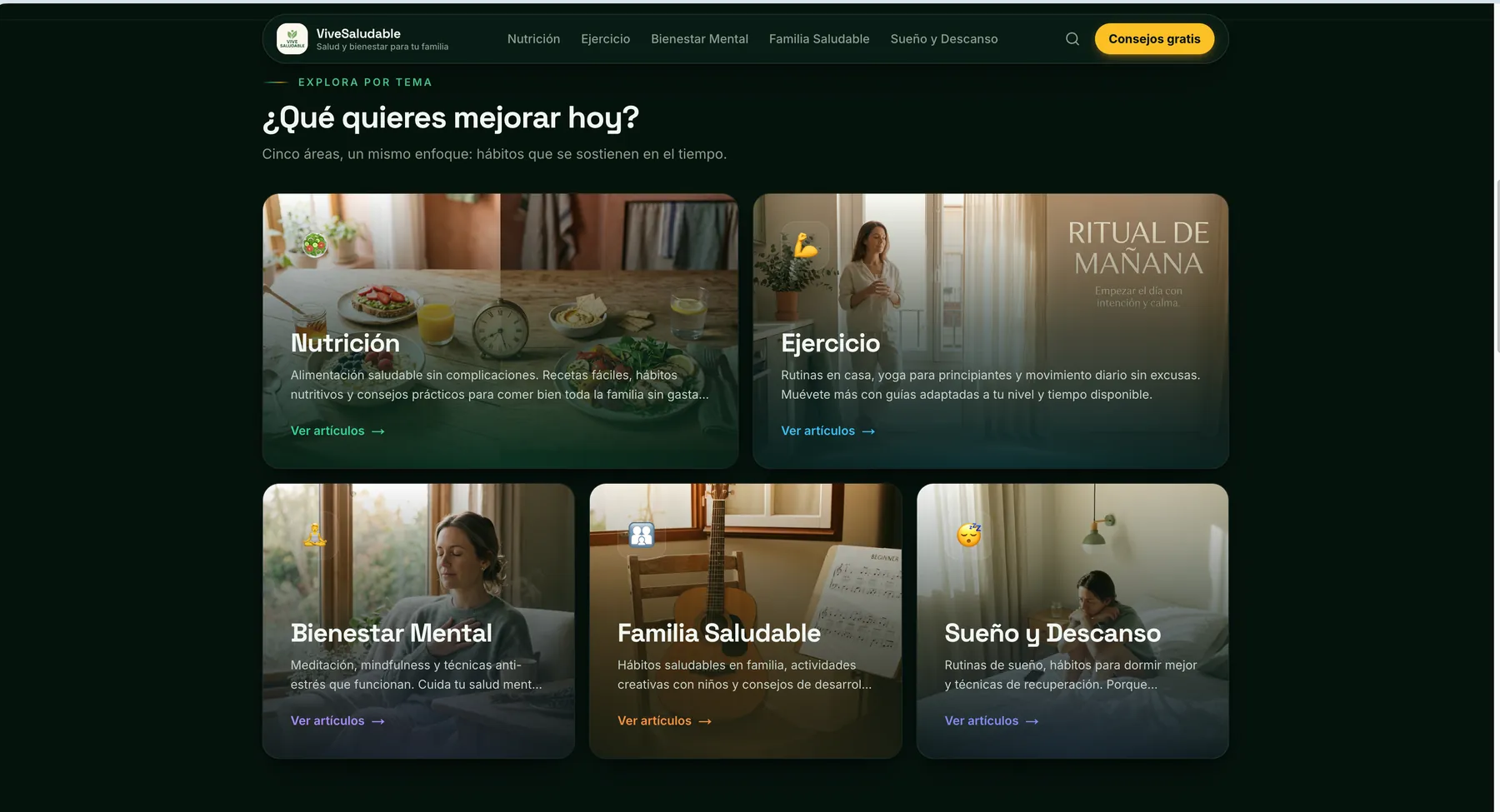 ViveSaludable — las secciones de la web